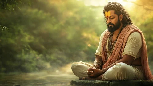 Photorealistic sage in meditative pose by forest riverside.