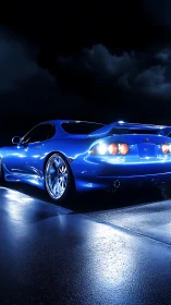 Electric blue sports coupe rendered in cinematic night lighting
