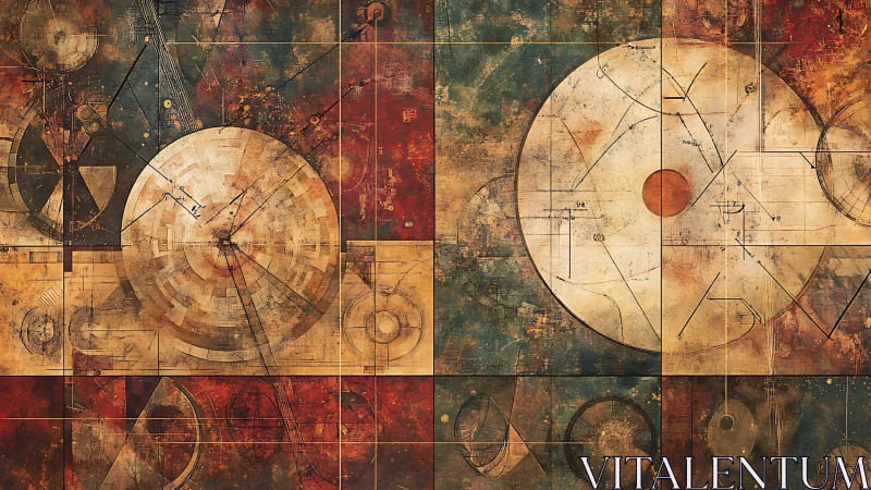 Golden circles and geometric lines glow over a vintage map