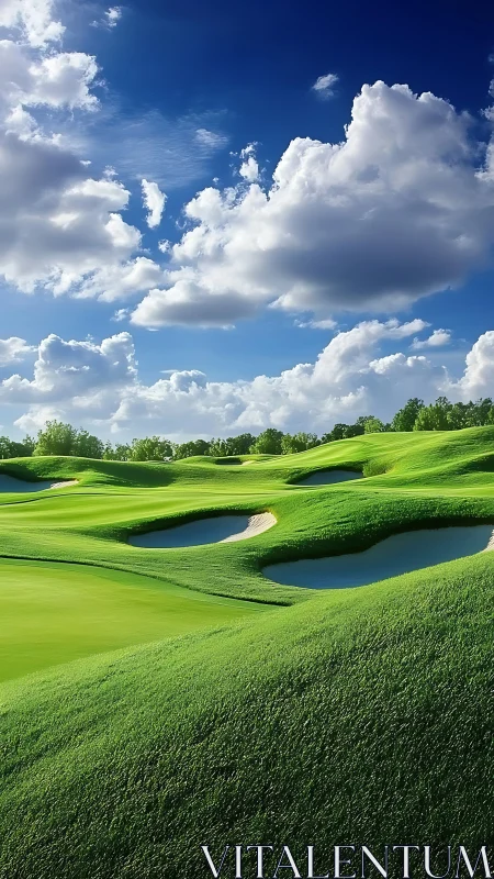 Undulating golf course landscape shows bunkers under clouded sky