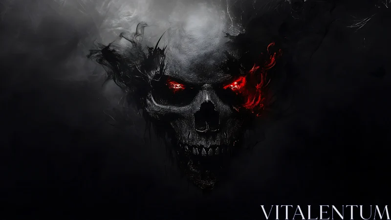 Haunting smoky skull with glowing red ember eyes in shadow.