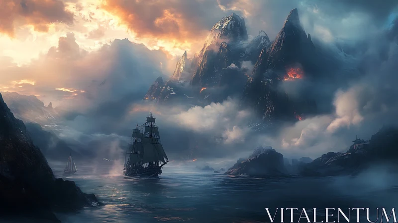 Tall ship nears volcanic fjord under stormlit sky.