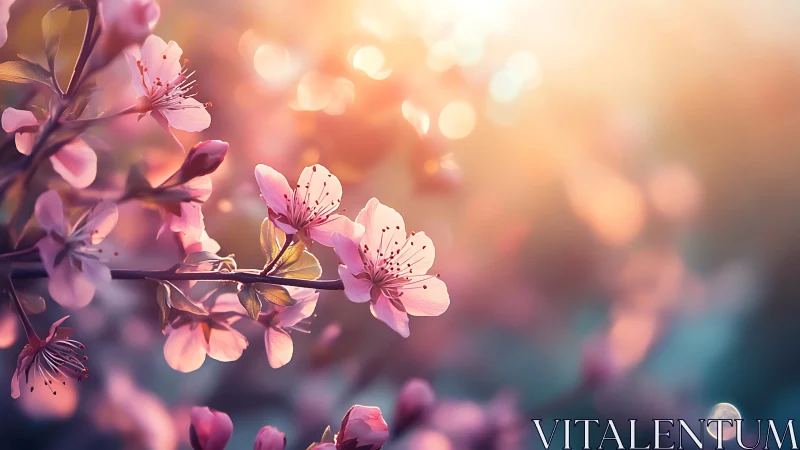 Soft-focus cherry blossoms with optical bokeh and golden hour lighting