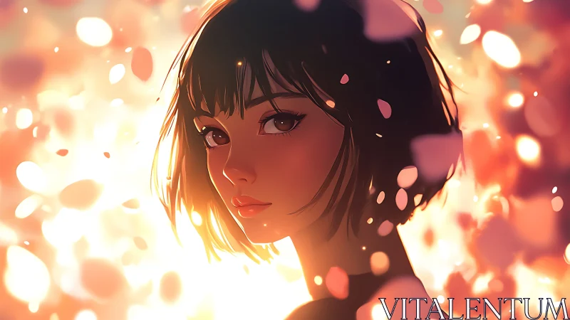 Soft-lit anime portrait amid drifting pastel petals.