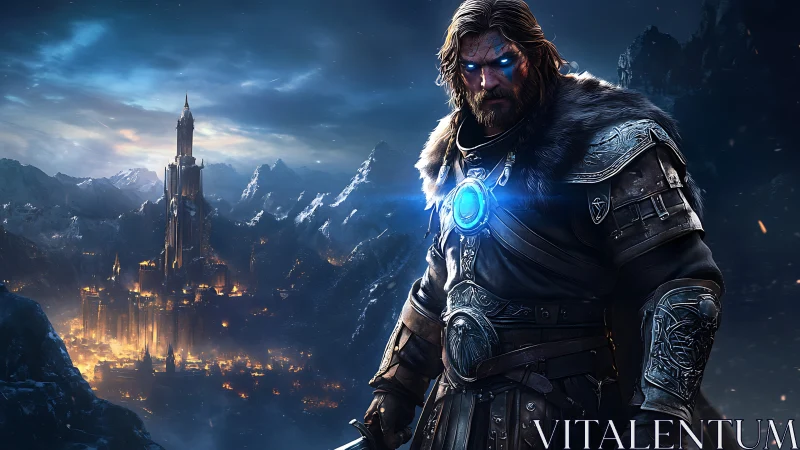 Frostbound warrior guarding a glowing citadel at dusk.