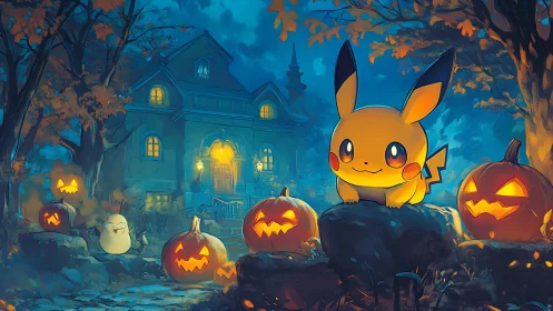 Pikachu sits among glowing jack o lanterns before mansion