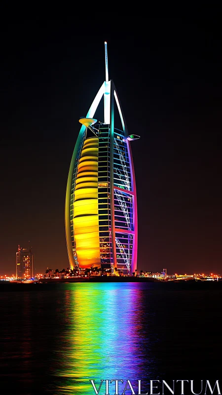 Rainbow-lit sail tower casting neon magic over water.