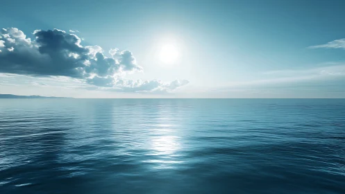 Sunlit ocean horizon shows calm water under cloud bank