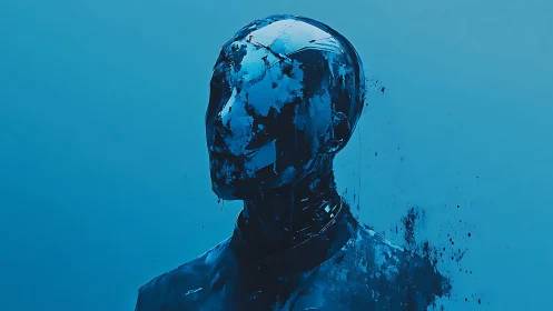 Shimmering blue android portrait offers calm, quiet mystery