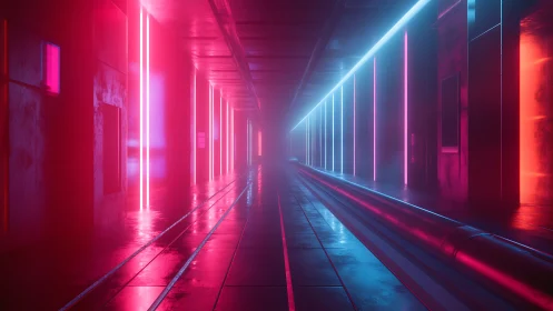 Neon tunnel glows with contrasting cyberpunk corridor lights.