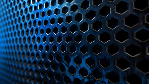 Blue Metallic Hexagonal Grid Pattern in Abstract Industrial Style.