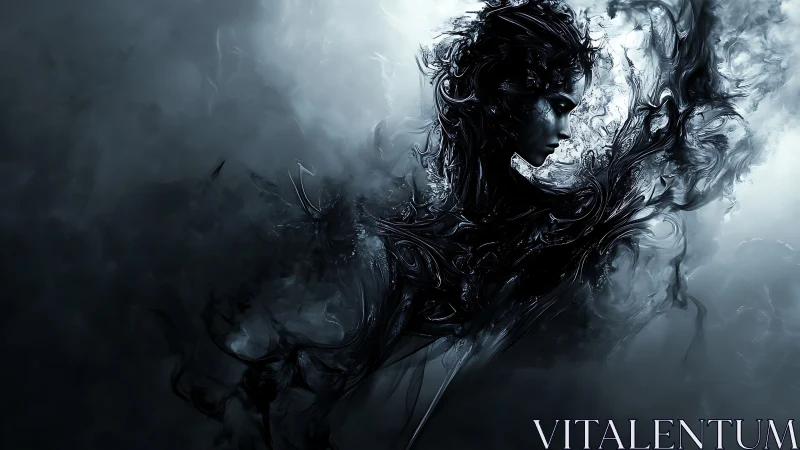 Dark ethereal figure emerging from swirling black mist.