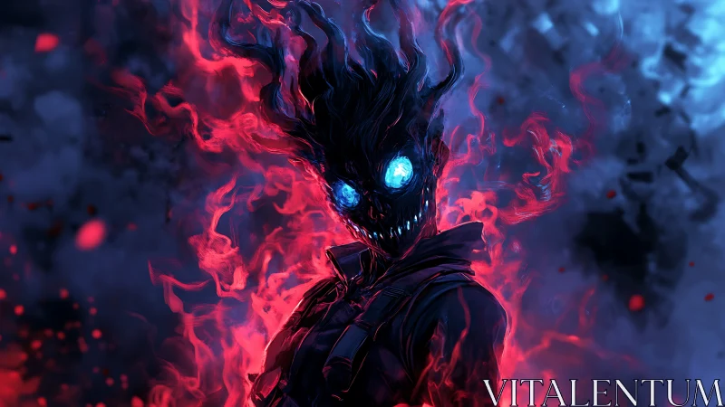 Glowing-eyed fire spirit smiles within swirling red flames