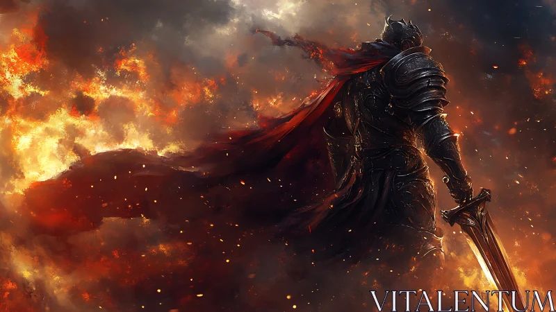 Flame-wreathed dark knight with sword in burning storm.