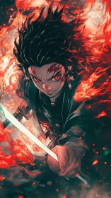 Flame-wreathed swordsman lunges forward in dynamic anime portrait