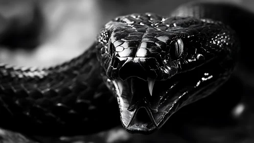 Close-up monochrome view of fanged snake head in focus.