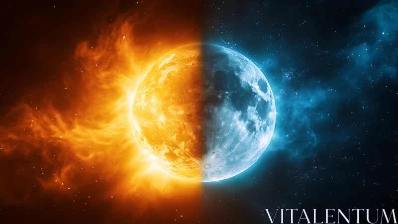 Sun and moon in blazing cosmic balance of fire and frost.