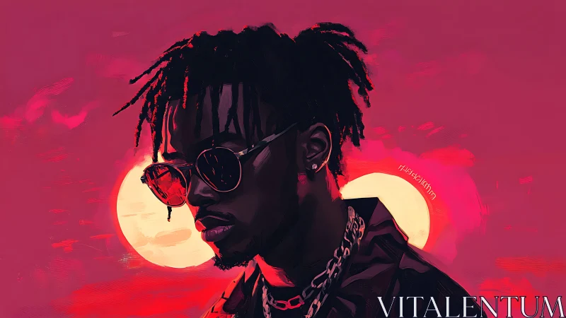 Neon-lit male portrait contrasts dusk suns in digital chiaroscuro