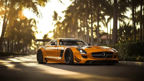 Widebody Mercedes SLS AMG rendered in cinematic sunset lighting