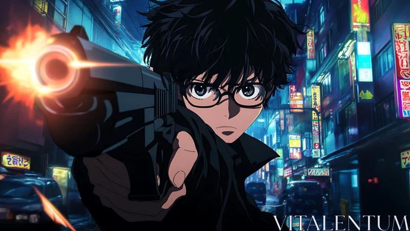 Male anime figure aiming handgun in neon city alleyway.