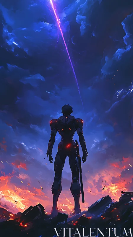 Lone cyber sentry beneath a falling violet starstorm.