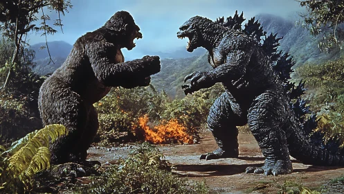 Colossal jungle showdown between towering movie monsters.