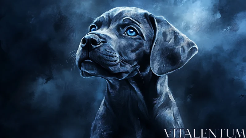 Blue-eyed dog gazes upward in moody digital portrait.