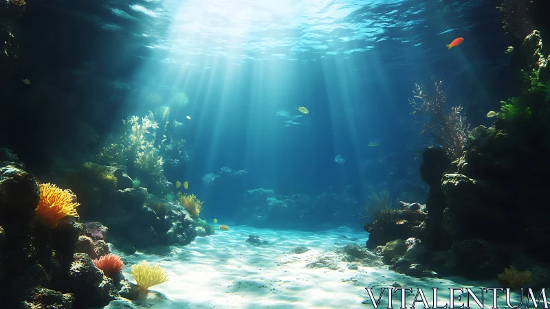 Sunlit coral reef glows beneath tranquil ocean surface.