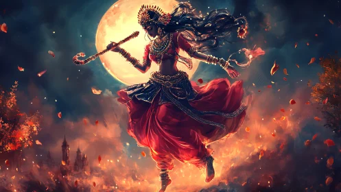 Moonlit fire dancer whirls through petals and stormlight.