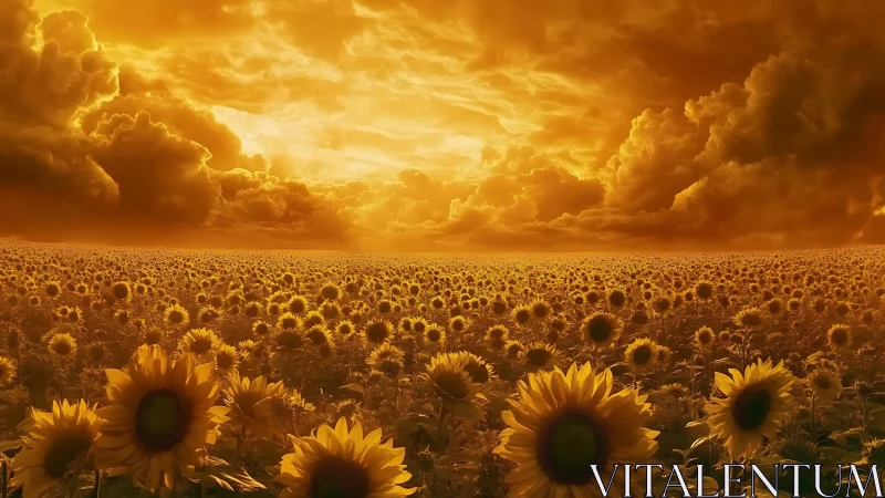 Endless sunflower field glows beneath dramatic golden sky