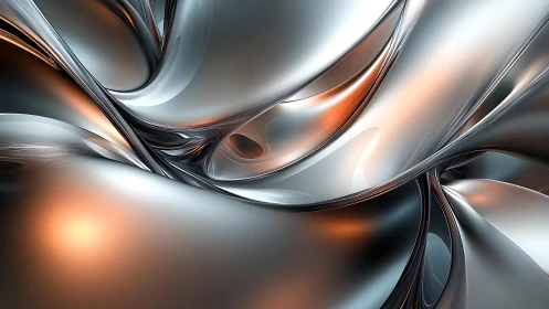 Futuristic Metallic Abstract Art with Fluid Silver and Orange Tones.