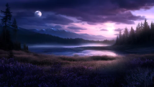 Moonlit lakeside twilight wrapped in violet wildflower hush.