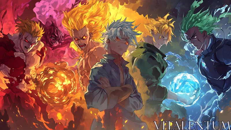 Elemental anime warriors clash amid blazing fire and ice energy