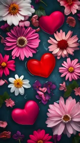 Red Hearts and Vibrant Flowers on Teal Background.