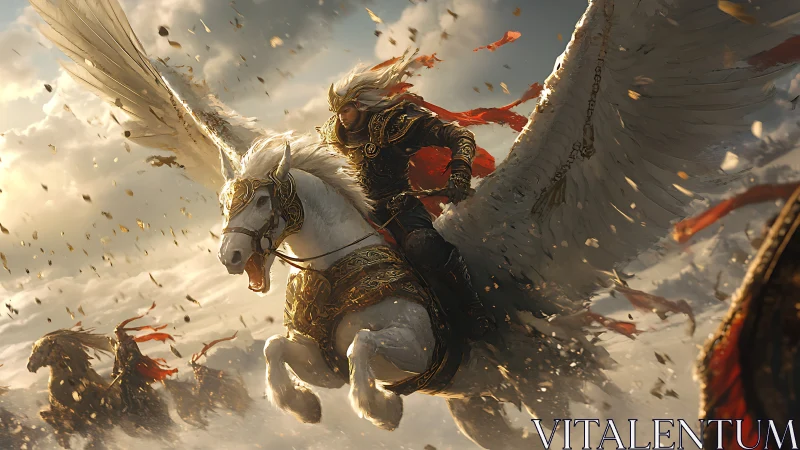 Winged paladin charging skyward on radiant pegasus steed.