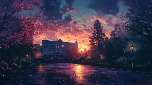 Sunset-lit campus avenue with lampposts and central building.