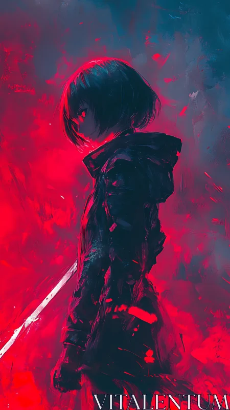 Side-profile figure with sword in red and blue field.