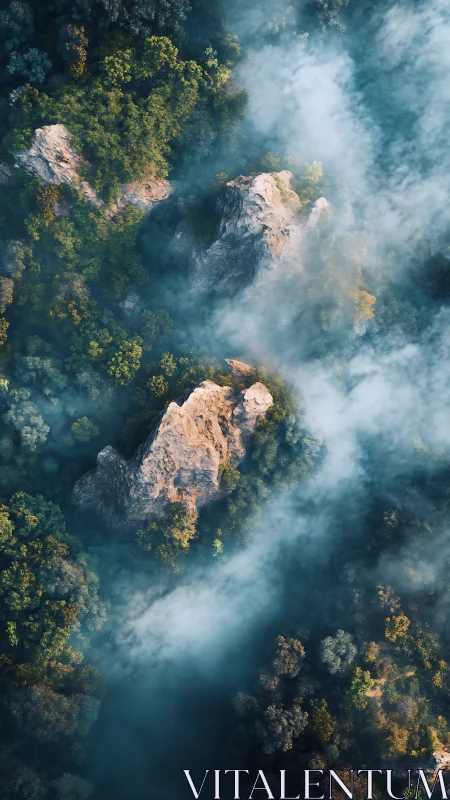 Aerial perspective of rocky outcroppings within misty forest canopy.