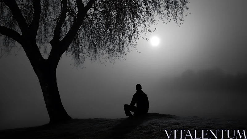 Silhouette of seated figure under tree in foggy landscape.