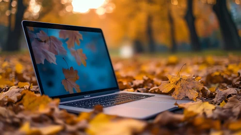 Laptop on autumn leaf carpet with shallow depth rendering.