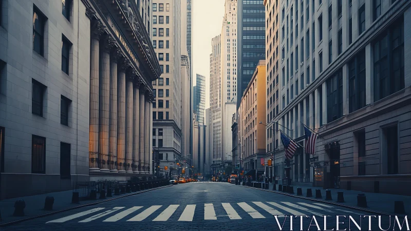 Empty Wall Street canyon with neoclassical banks at dusk.