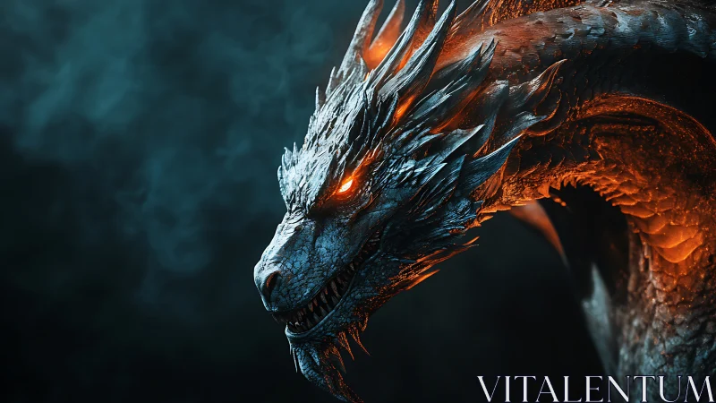 Side profile of molten-scaled dragon in dark environment.