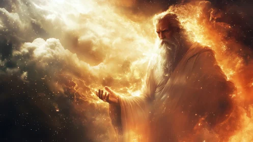 Bearded robed figure in luminous cloud and fire environment.