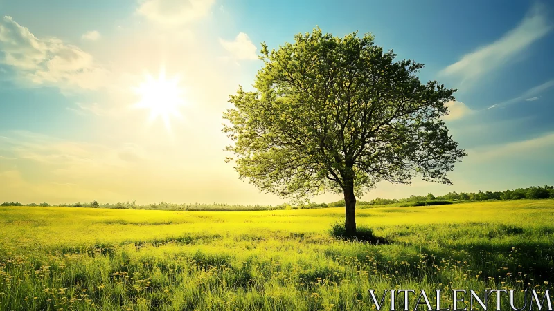 Solitary summer tree basking in wide open golden meadow.