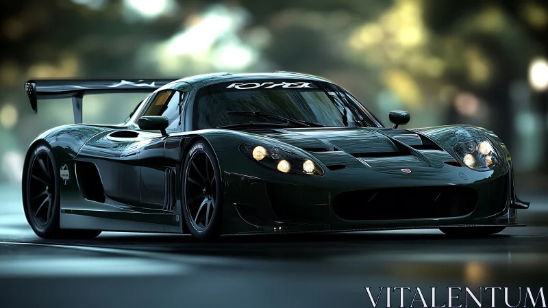 Midnight track-ready supercar glows under city bokeh lights.