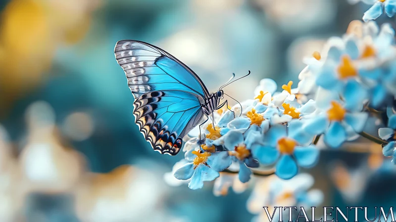 Gentle blue butterfly resting on soft spring blossoms.