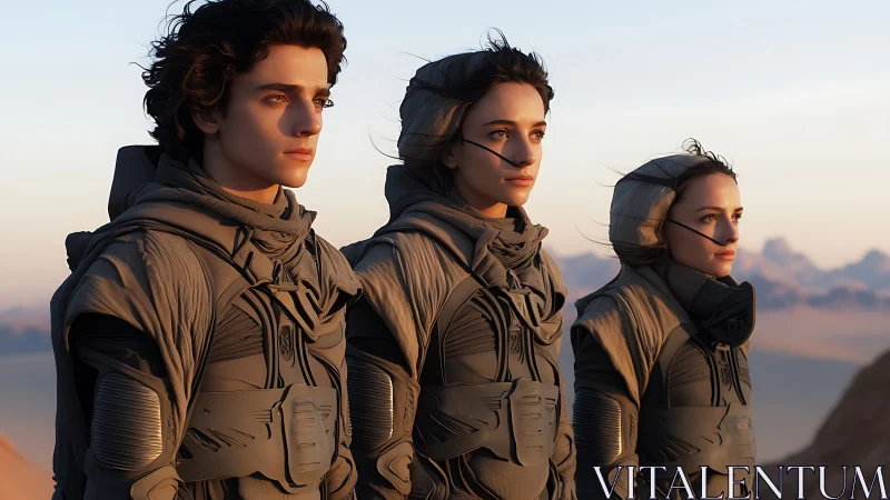 Desert-clad trio gaze across dunes in cinematic photoreal detail