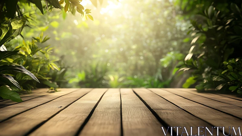 Wooden deck overlooking lush garden sanctuary with golden sunlight.