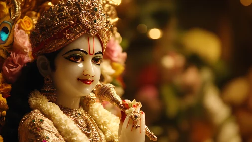 Hindu deity statue with ornate crown and golden garlands.