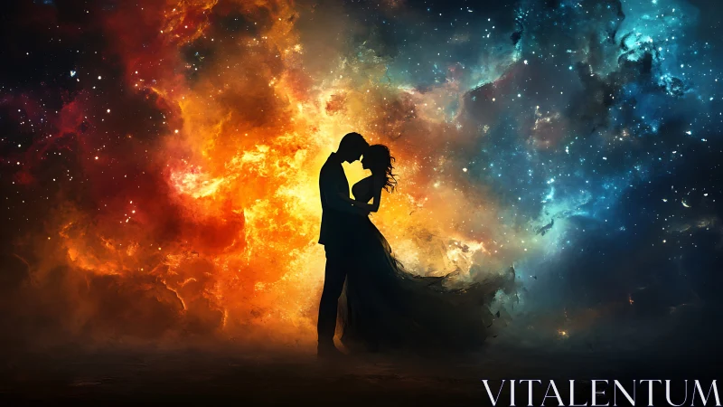 Silhouetted Couple Embraced Against Cosmic Nebula Explosion.
